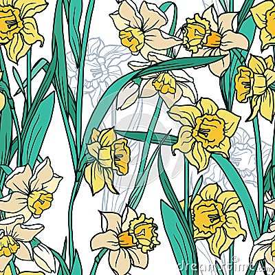 Seamless pattern with beautiful narcissus flowers in mosaic style Vector Illustration