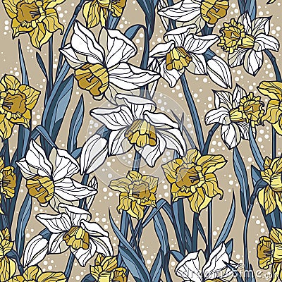 Seamless pattern with beautiful narcissus flowers in mosaic style Vector Illustration