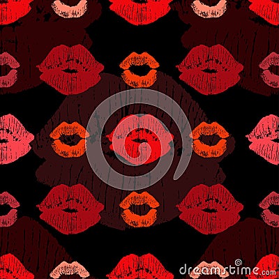 Seamless pattern with beautiful red and pink colors lips prints on black background. Vector Illustration