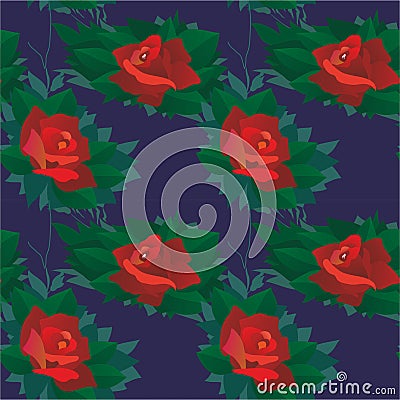 Seamless pattern with beautiful scarlet roses on a dark blue background. Red rose in evening light Stock Photo