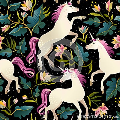 Seamless pattern with beautiful unicorns. Vector magic background for kids design. Vector Illustration