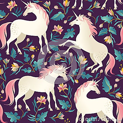 Seamless pattern with beautiful unicorns. Vector magic background for kids design. Vector Illustration