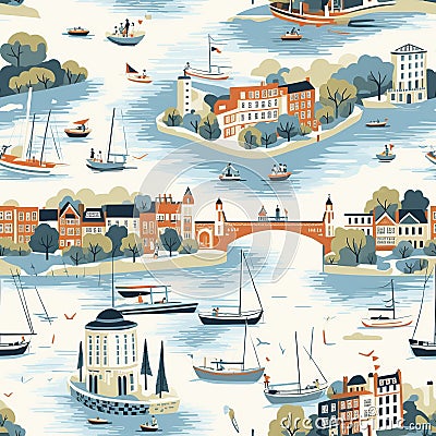 A seamless pattern that beautifully captures a picturesque riverside setting Stock Photo