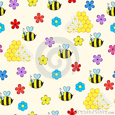 Seamless pattern with bee and flowers Stock Photo