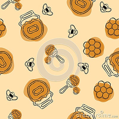 Seamless pattern. Beekeeping product. Included bee, honey, dipper, honeycomb, beehive and flower on olive background. Stock Photo