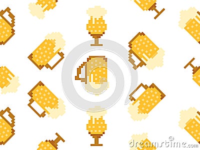 Seamless pattern with beer glasses in pixel style. 8 bit beer mug with foam. Pixel beer in 8-bit retro graphics style of 80s and Vector Illustration