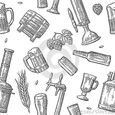 Seamless pattern beer tap, class, can, bottle and hop. Vector Illustration