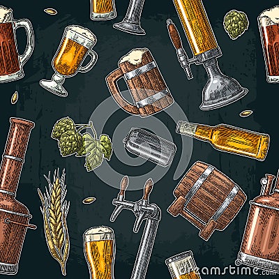 Seamless pattern beer tap, class, can, bottle and hop. Vector Illustration
