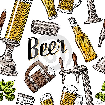 Seamless pattern beer tap, class, can, bottle and hop. Vector Illustration