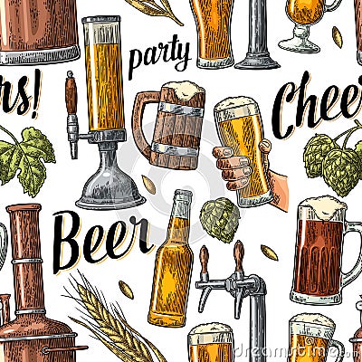 Seamless pattern beer tap, hand hold glass, bottle and hop Vector Illustration