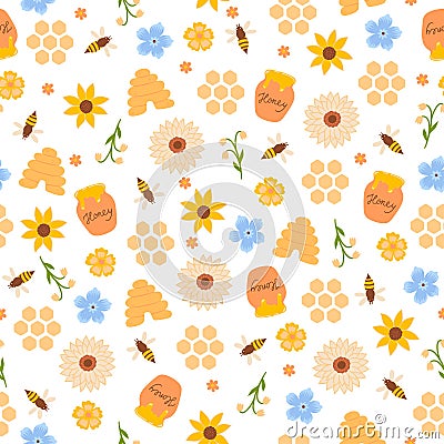 Seamless pattern with bees, flowers, honey, honeycombs, beehives. Vector graphics Vector Illustration