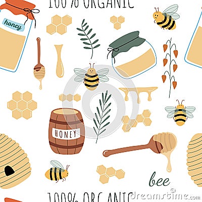 Seamless pattern with bees, honey, organic text, honeycomb, flowers, jars. Vector Illustration