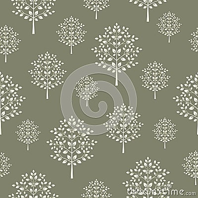 Seamless pattern with beige abstract trees on a dark khaki background Vector Illustration