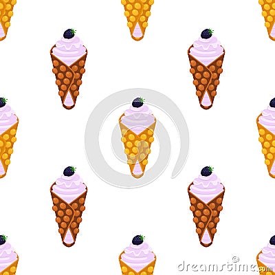 Seamless pattern of belgian, chinese waffles - yogurt, cream and blackberry Vector Illustration