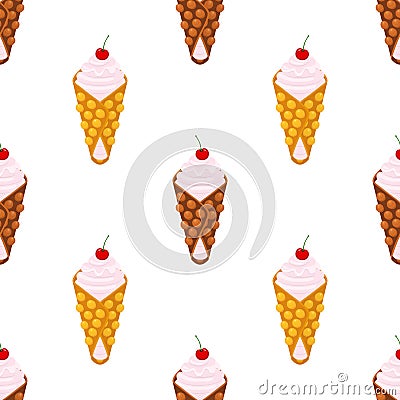 Seamless pattern of belgian, chinese waffles - yogurt, cream and cherry Vector Illustration