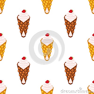 Seamless pattern of belgian, chinese waffles - yogurt, cream and strawberry Vector Illustration