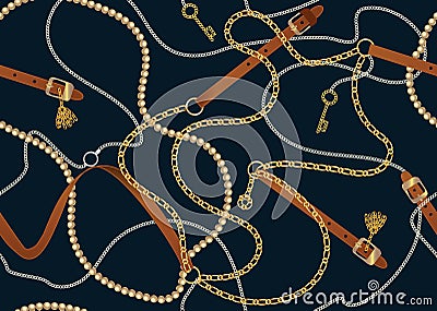 Seamless pattern with belts, chain, braid, Golden Key and pearls. Baroque print with jewelry elements. fabric design Vector Illustration