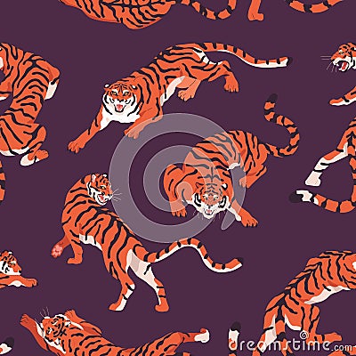 Seamless pattern with Bengal tigers. Repeating background with angry wild feline animal in motion, crawling and roaring Vector Illustration