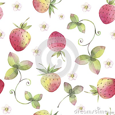 Seamless pattern with berry of strawberry and floral elements. Cartoon Illustration