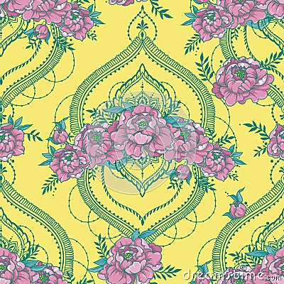 seamless pattern with beutiful peonies and mendi style deorative frames Vector Illustration