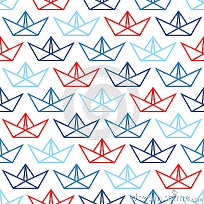 Seamless Pattern Big Paper Boats Outline Blue And Red Vector Illustration