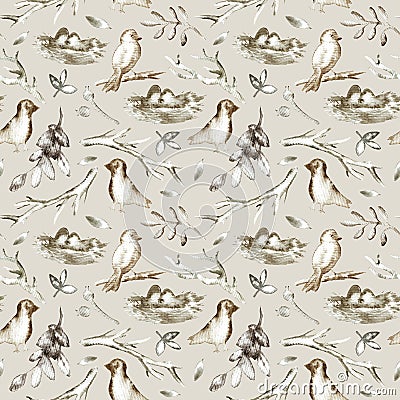Seamless pattern of a bird,nest and floral.Forest animals and branch. Cartoon Illustration
