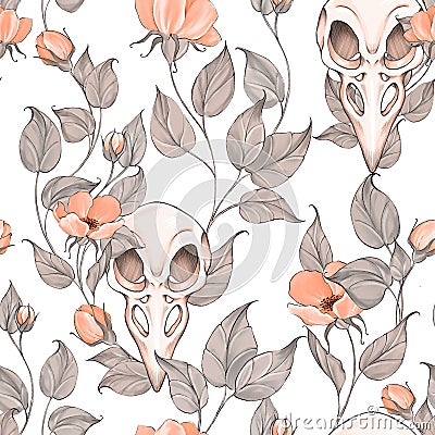Seamless pattern with bird skull with leaves and flowers Stock Photo