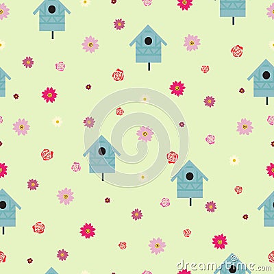 Seamless pattern birdhouses, Gazinia and roses flowers on green background. Country garden spring repeat motif, vector design eps Vector Illustration