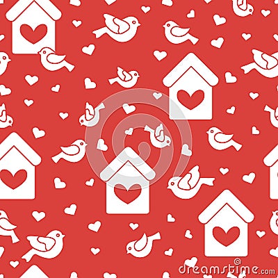 Seamless pattern with birds, birdhouses and hearts Vector Illustration