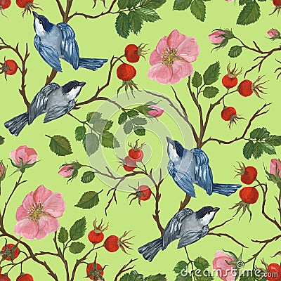 Seamless pattern of a birds on a branch of a dogrose, illustration by paints Cartoon Illustration