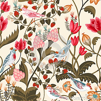 Seamless pattern birds flower allover design with background Stock Photo
