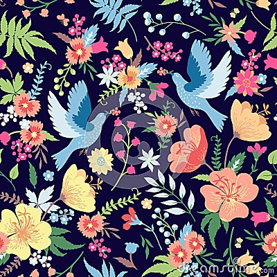 Seamless pattern with birds and flowers. Vector Illustration