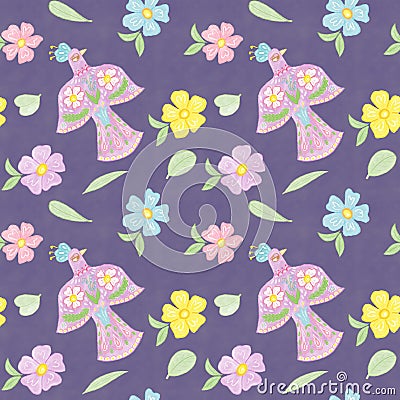 Seamless pattern with the birds, flowers and leaves, scrapbooking paper, background, wall paper Stock Photo