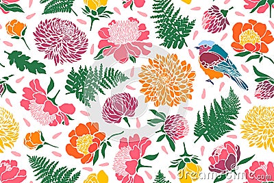 Seamless pattern with birds and flowers. Peony, chrysanthemum, clover, tulip, fern. Vector Illustration