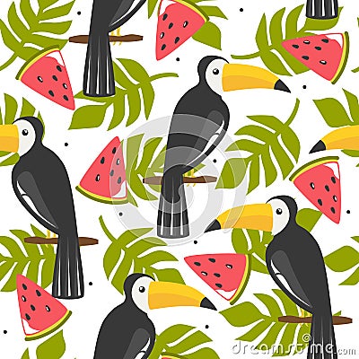 Colorful seamless pattern with toucans, palm leaves, watermelons. Decorative cute background, funny exotic birds Vector Illustration