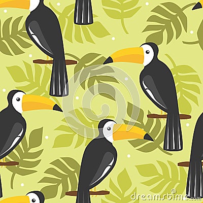 Colorful seamless pattern with toucans, palm leaves. Decorative cute background, funny exotic birds Vector Illustration