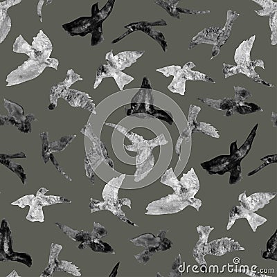 seamless pattern birds silhouettes gray watercolor with granulation Vector Illustration