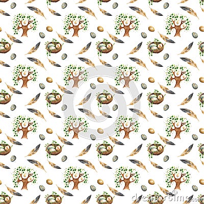 Seamless pattern with birds on the tree, nest with eggs and feathers Cartoon Illustration