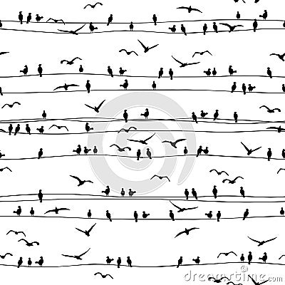 Seamless pattern of birds on wires Vector Illustration