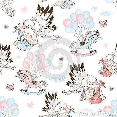 Seamless pattern for the birth of a child with storks carrying babies and toys on balloons. Vector Vector Illustration