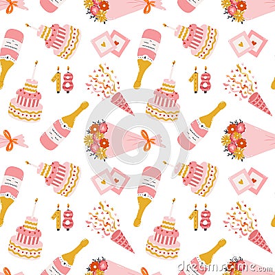 Seamless pattern with birthday cake, bouquet of flower, confetti, champagne bottle, retro photo. Romantic design with Vector Illustration