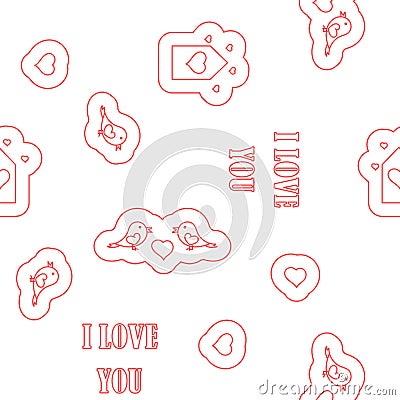 Seamless pattern Birthday, Happy Valentine's Day, Wedding, Mother's Day . Hearts, little birds, a birdhouse Stock Photo