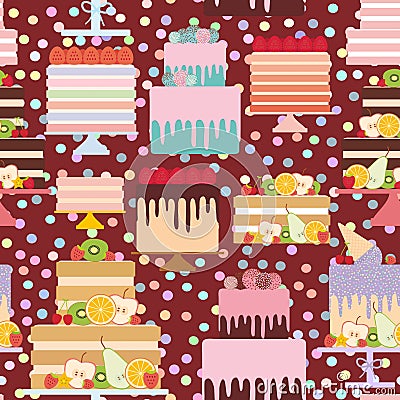 Seamless pattern Birthday, valentine`s day, wedding, engagement. Set sweet cake, Cake Stand, fresh fruits berries, chocolate icin Vector Illustration