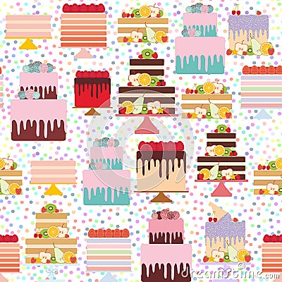 Seamless pattern Birthday, valentines day, wedding, engagement. Set sweet cake, Cake Stand, fresh fruits berries, chocolate icing Vector Illustration