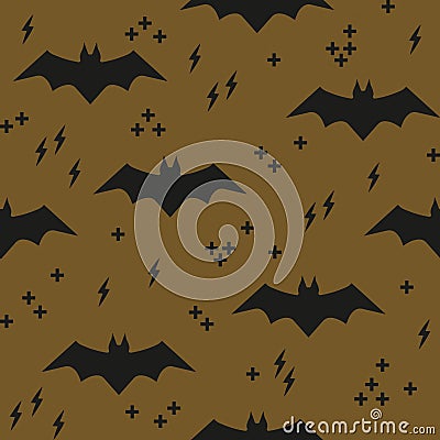 Seamless pattern with black bats on a brown background Vector Illustration
