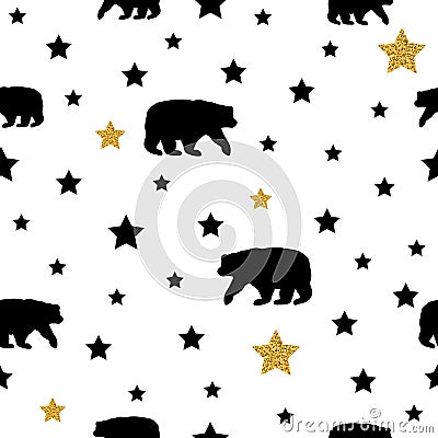 Seamless pattern with black bear, gold and black stars on the white background. Vector Illustration