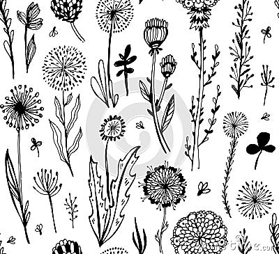 Seamless pattern with black doodle flowers on a white background. Hygge, boho style. Vector illustration. design element Vector Illustration