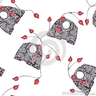 Seamless pattern with black elephants and red leaves on white isolated background drawing with pen ball. Cartoon Illustration