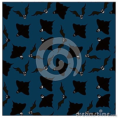 Seamless pattern of black emotional ghosts and bats on dark blue background Vector Illustration