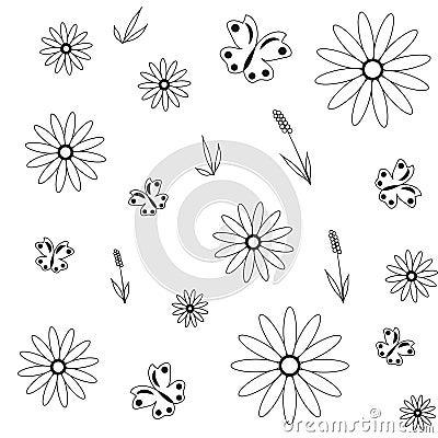 Seamless pattern with black flowers and butterflies on white background Vector Illustration